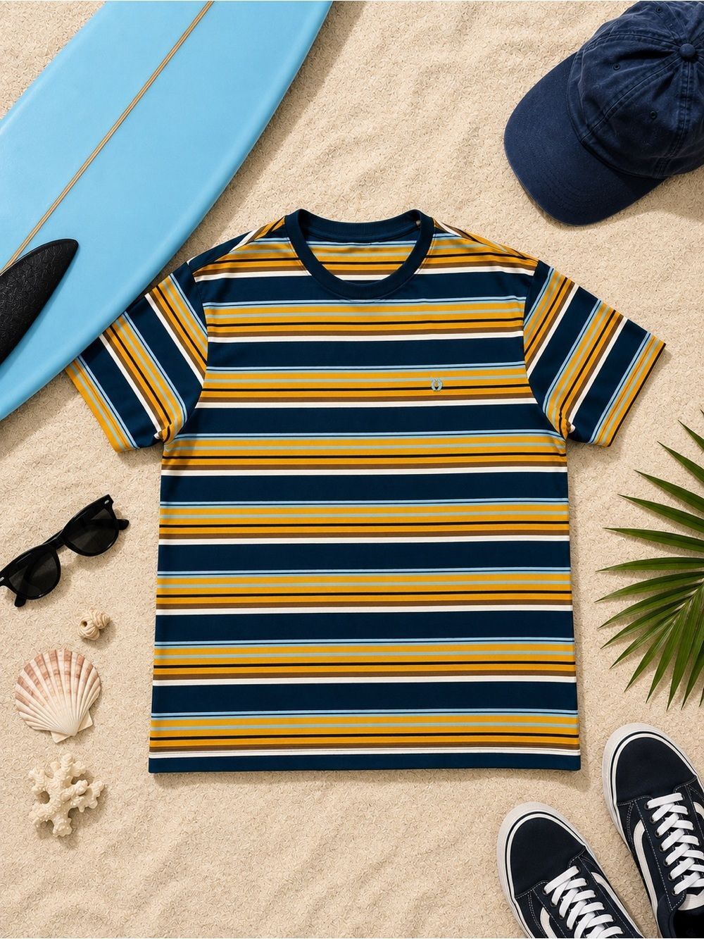 Vintage Hang Ten Gold Striped Surf Tee 100% Cotton Large Unisex